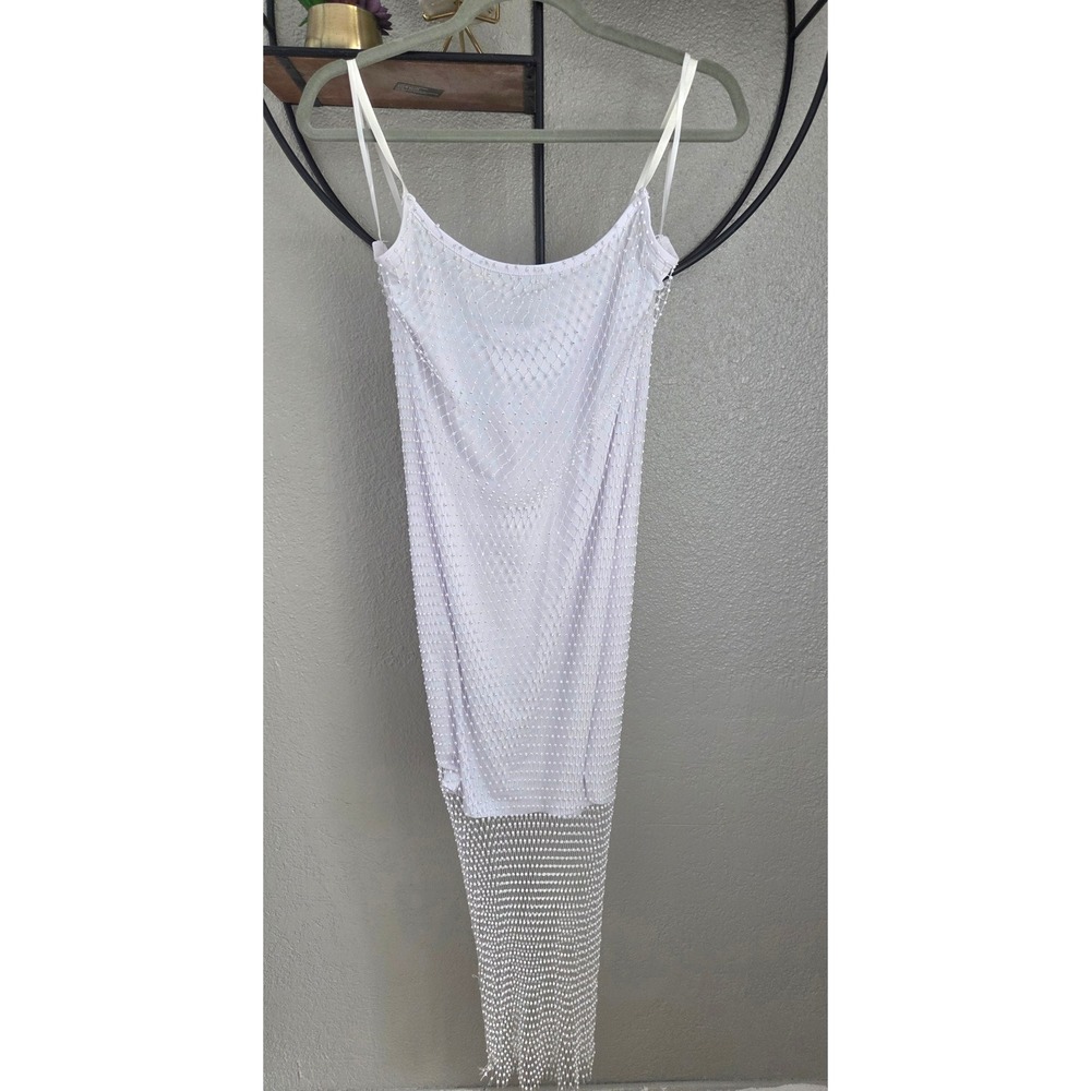 Windsor Mini Dress Women Medium White Rhinestone Fishnet Mesh Overlay Bodycon